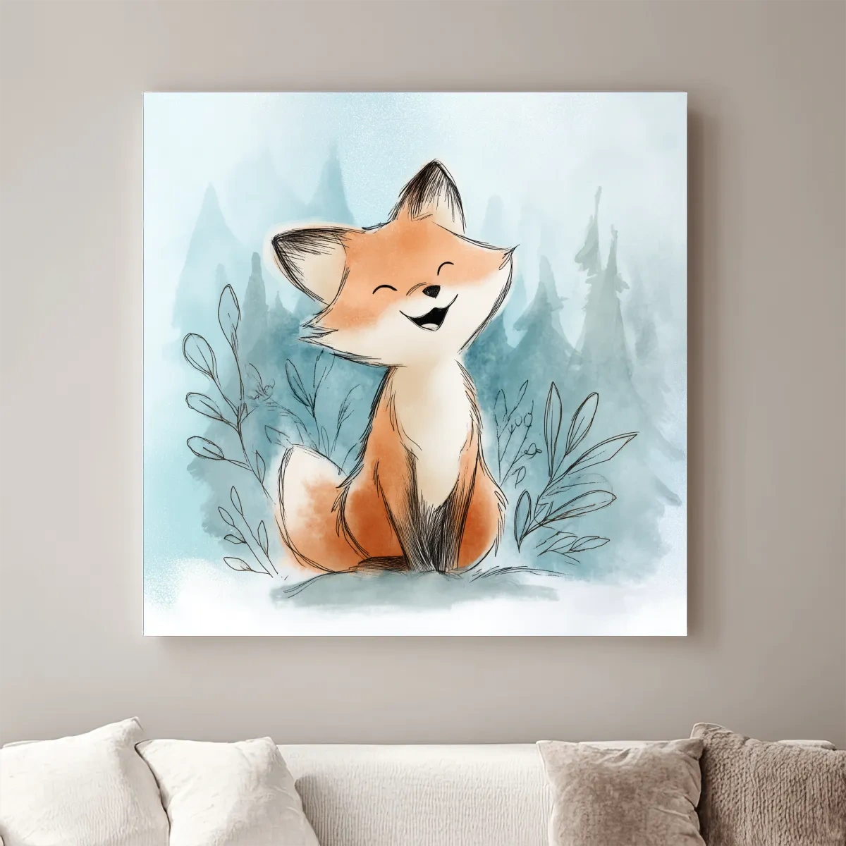 Whimsical Watercolor Fox Cub Illustration - Cute Woodland Nursery Wall Art