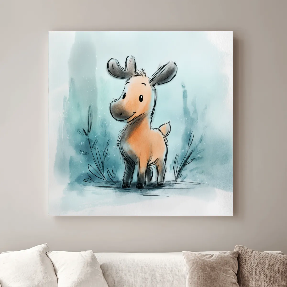 Cute Baby Moose Watercolor Illustration - Whimsical Nursery Wildlife Wall Art