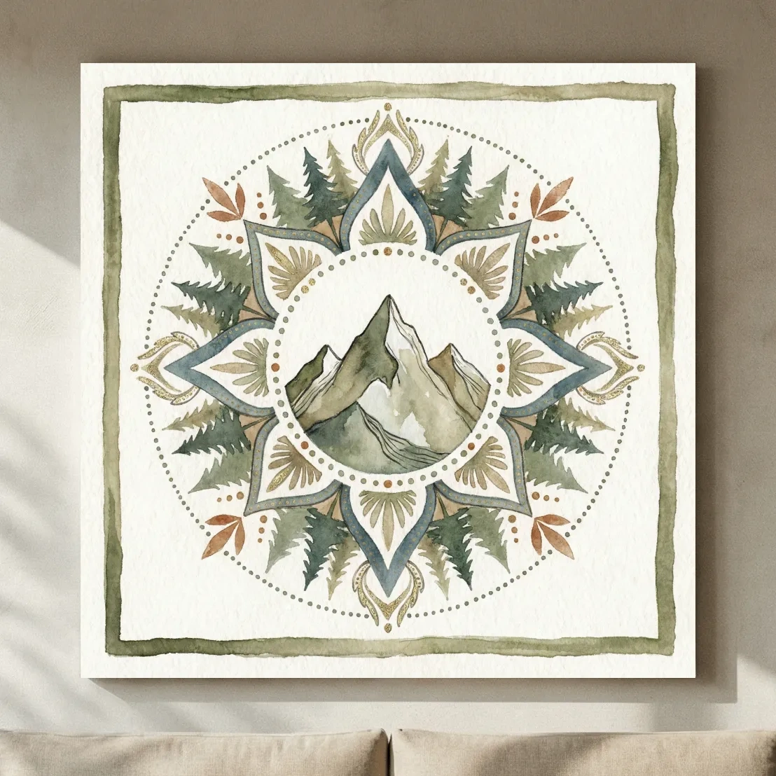 Mountain Mandala Watercolor - Boho Botanical Nature Wall Art