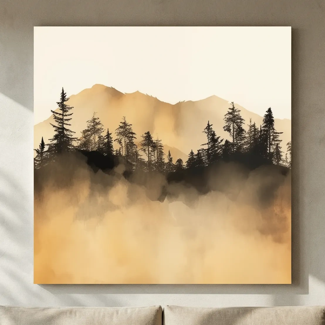 Misty Golden Mountain Pine Forest - Sepia Watercolor Landscape Wall Art