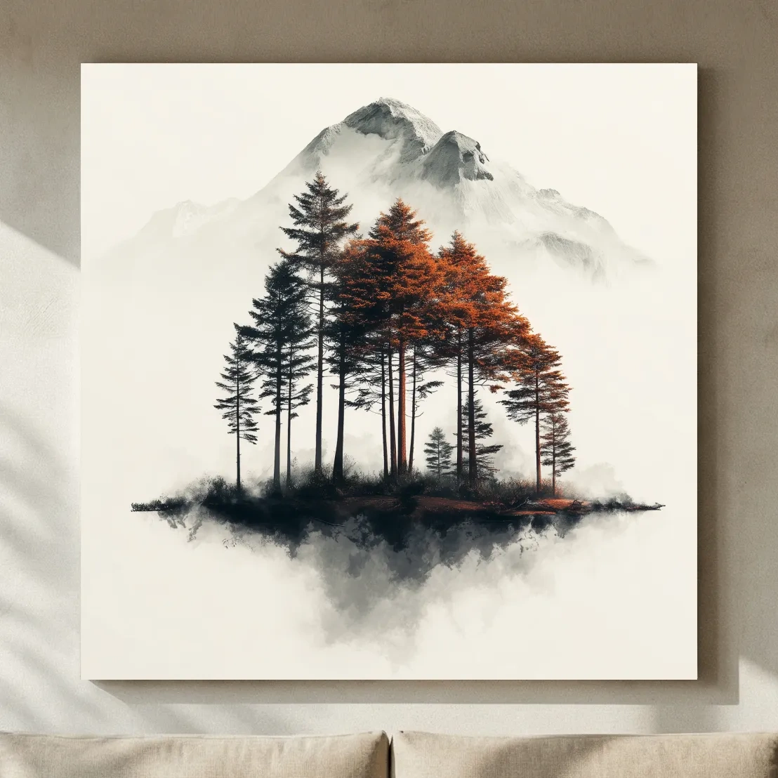 Misty Mountain Pine Forest Watercolor - Autumn Landscape Wall Art