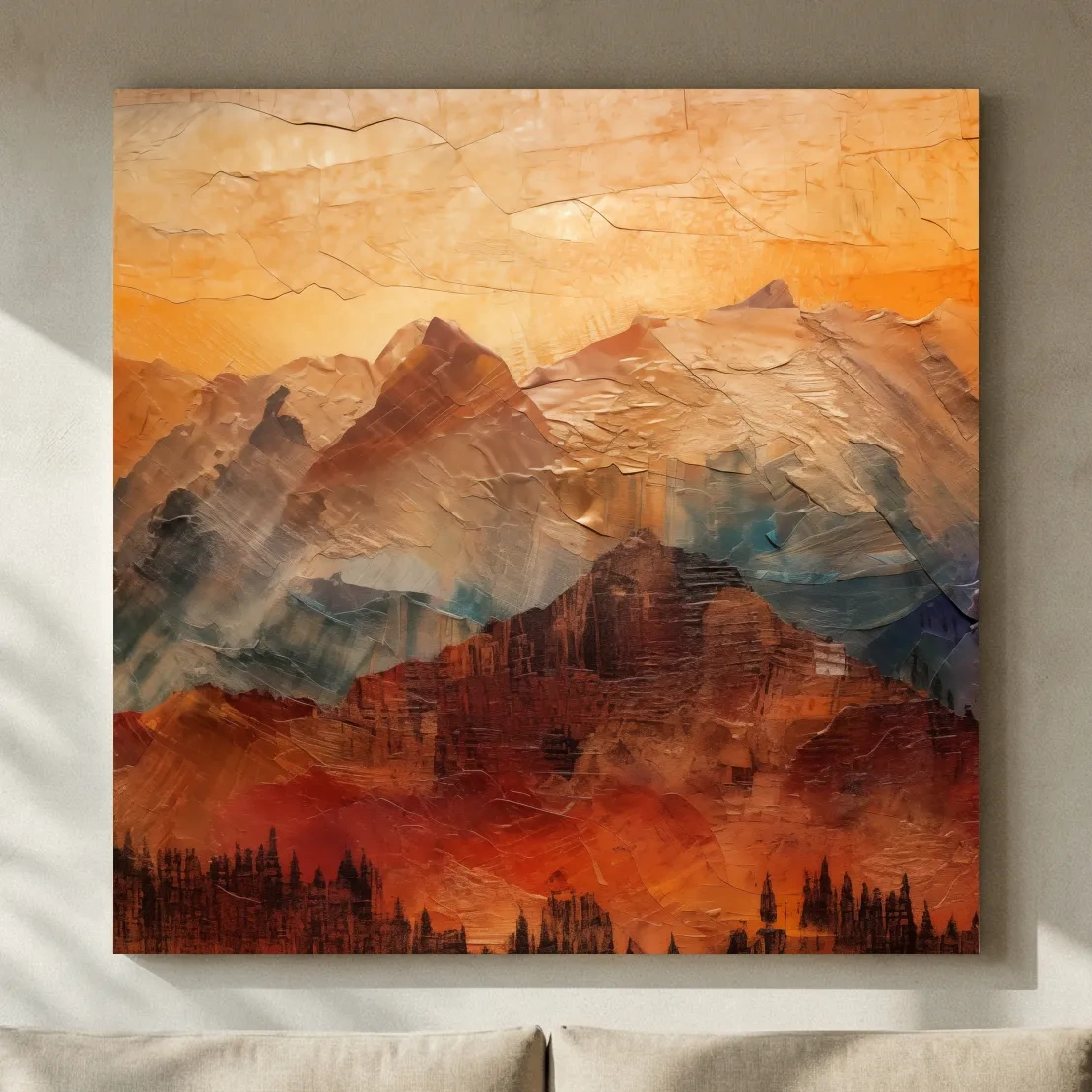 Impasto Style Abstract Mountain Range Sunset - Warm Rustic Landscape Wall Art
