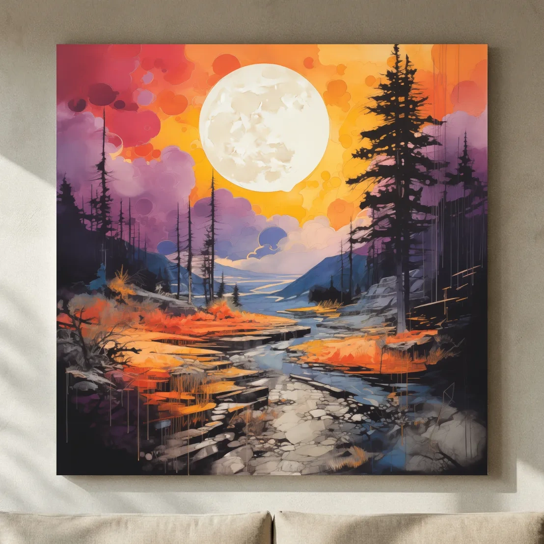 Vibrant River Valley Landscape Illustration - Abstract Sunset Forest Wall Art