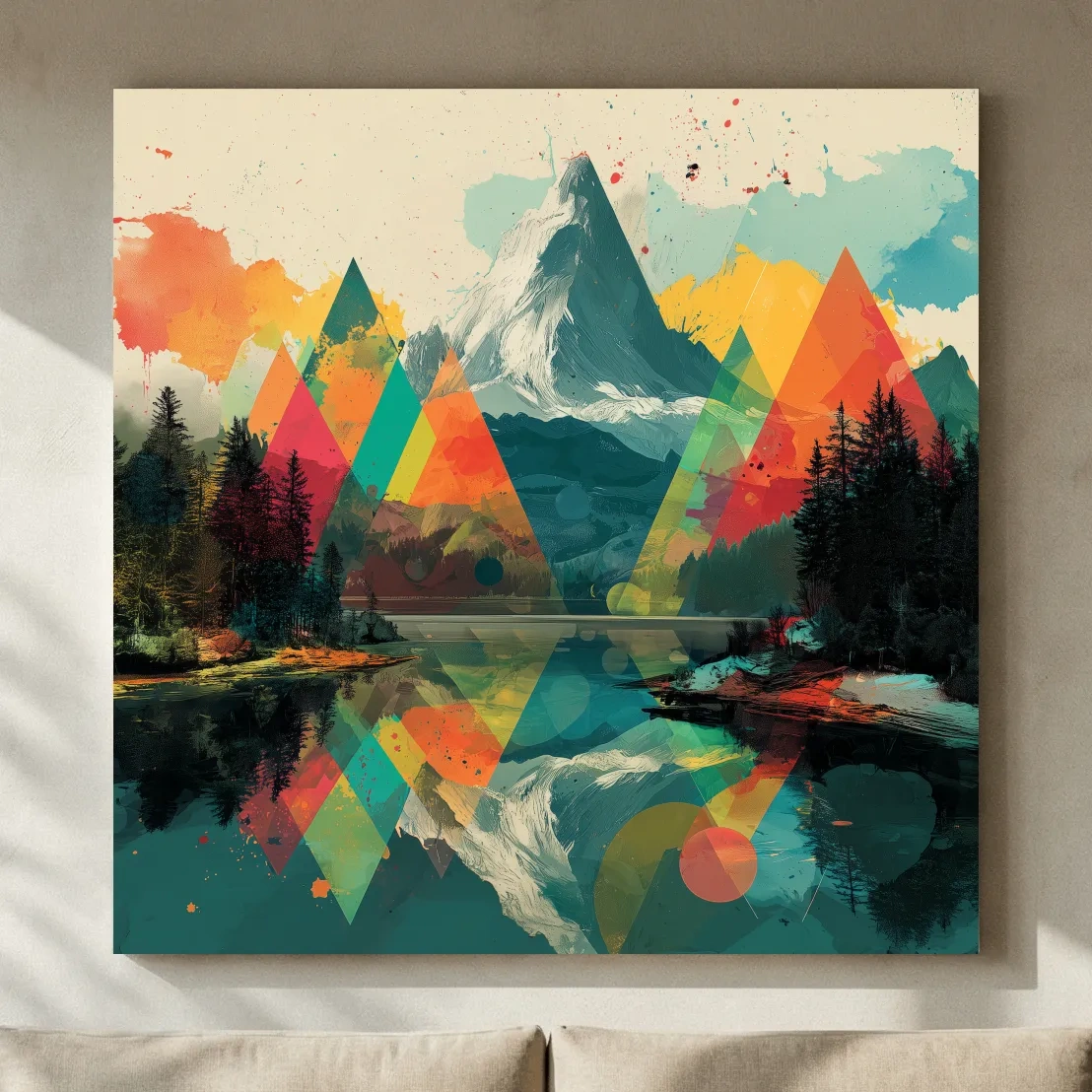 Vibrant Abstract Mountain Lake Collage Art - Colorful Alpine Wall Art
