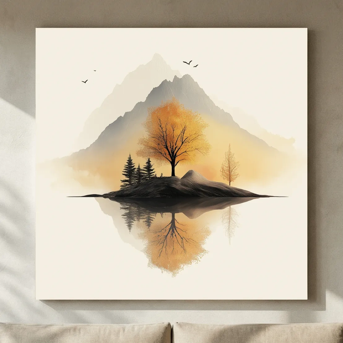 Minimalist Misty Mountain Lake Illustration - Serene Autumn Tree Landscape Wall Art