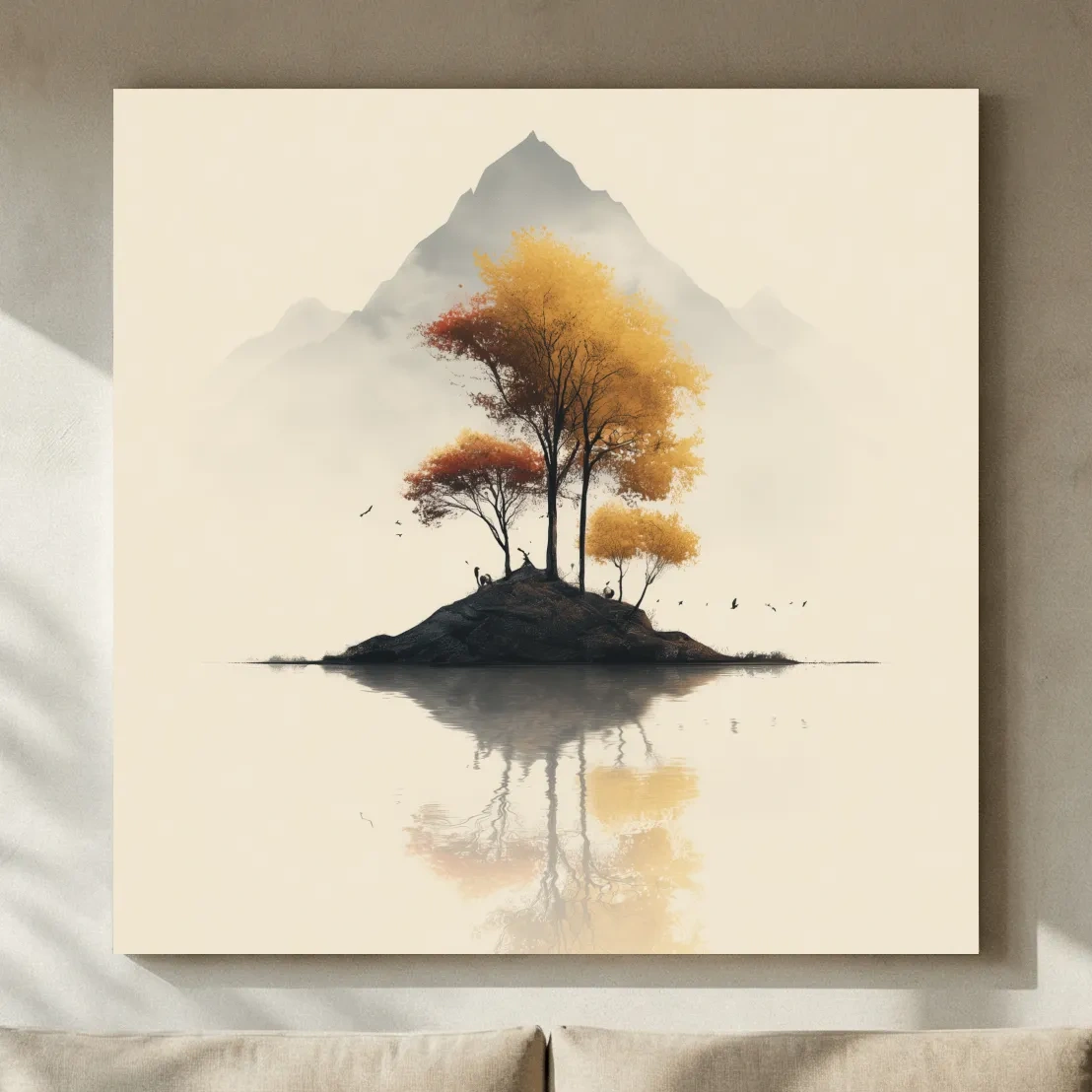 Minimalist Autumn Trees On Misty Lake Island - Serene Mountain Landscape Wall Art