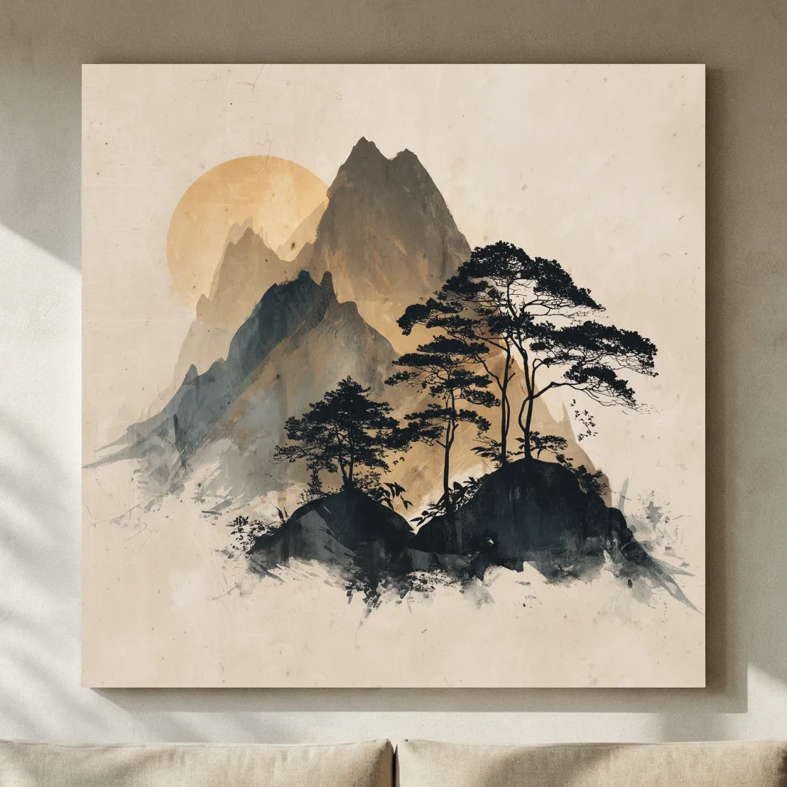 Zen Ink Wash Mountain Sunrise - Minimalist Japanese Pine Landscape Wall Art