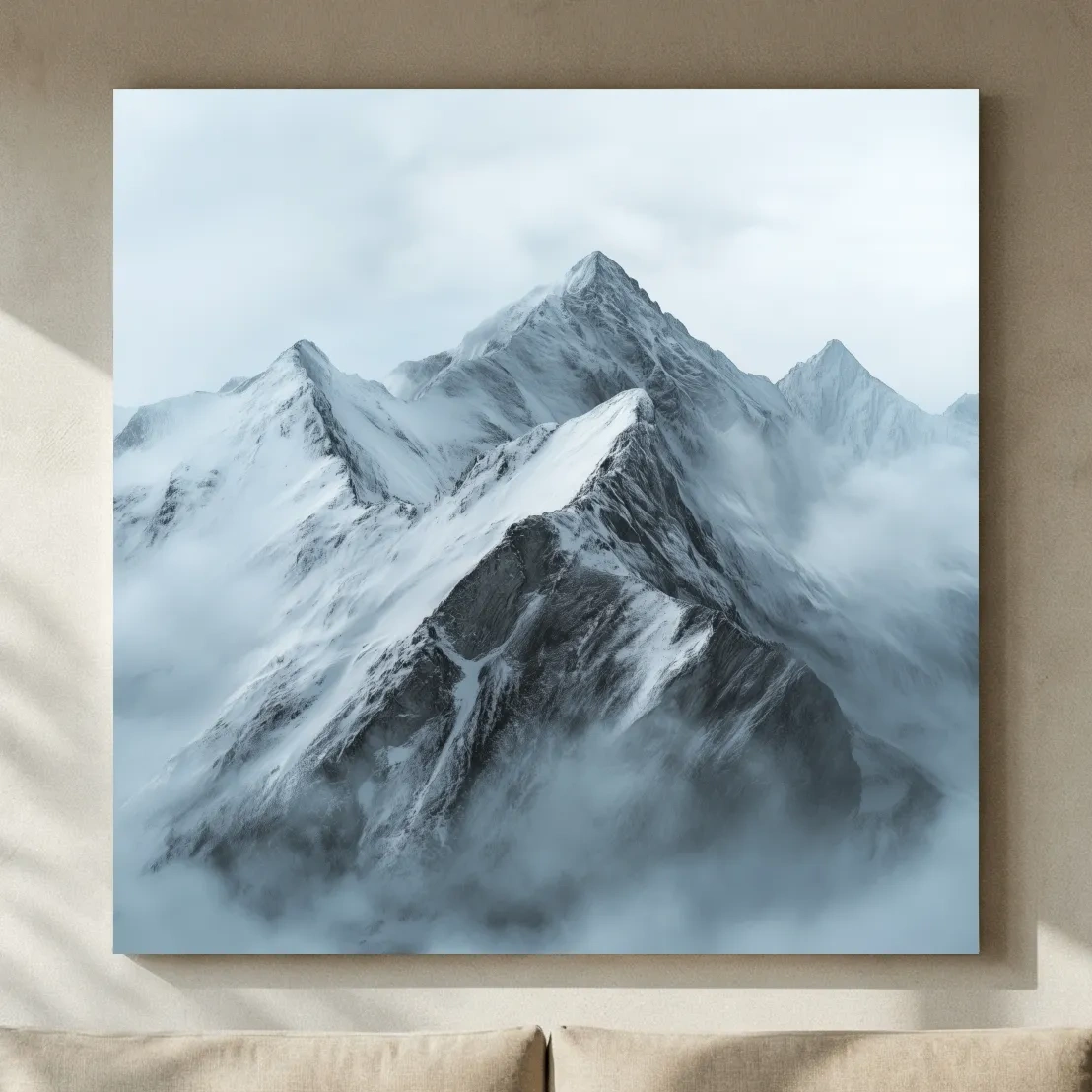 Misty Snowcapped Alpine Peak Landscape - Monochrome Photographic Mountain Wall Art
