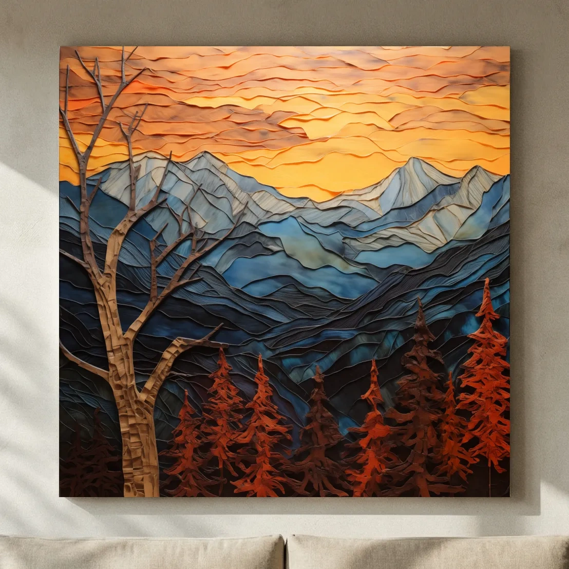 Layered Paper Cut Alpine Mountain Sunset - Mixed Media 3D Landscape Wall Art