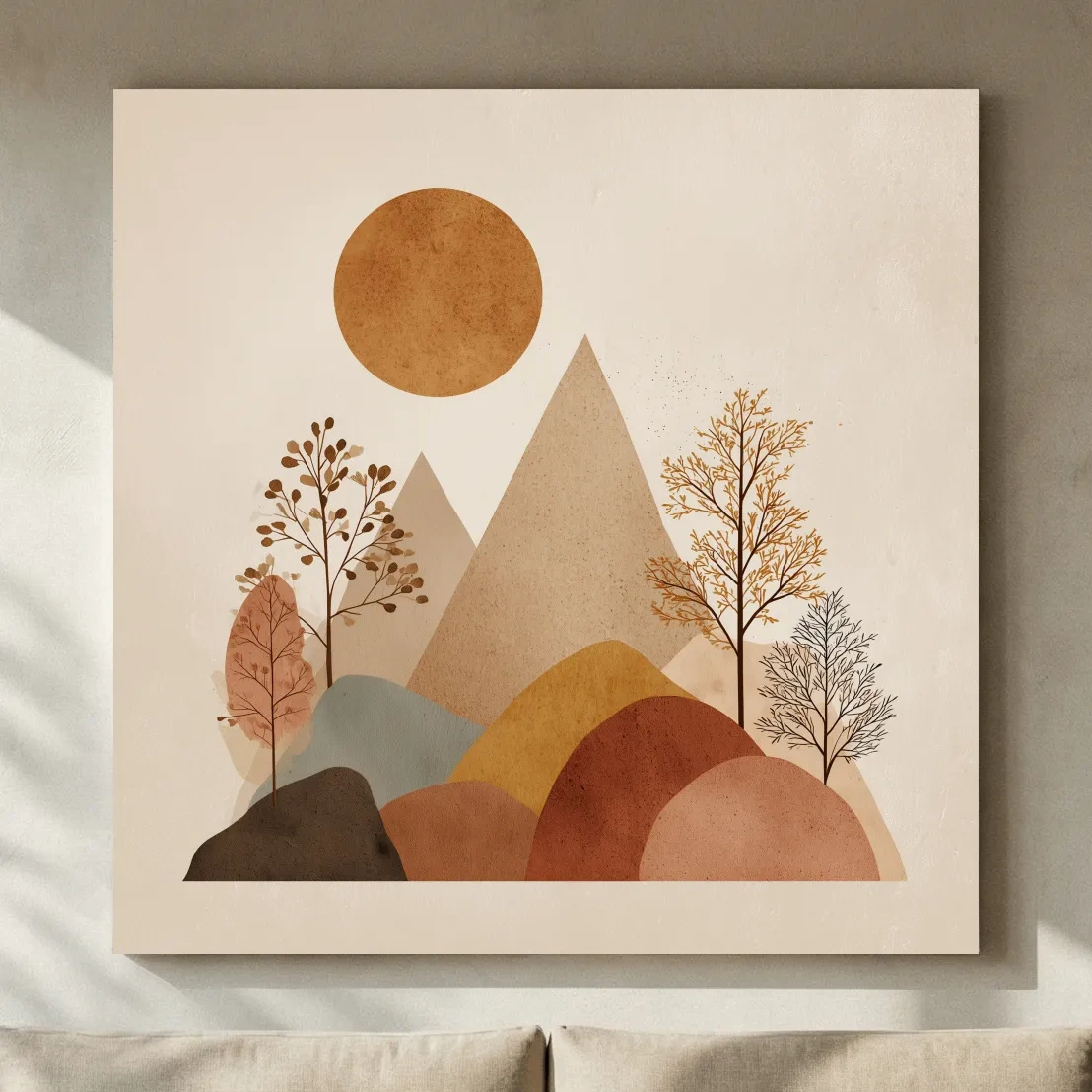Minimalist Scandi Mountain Sunset Landscape - Boho Neutral Earth Tone Wall Art