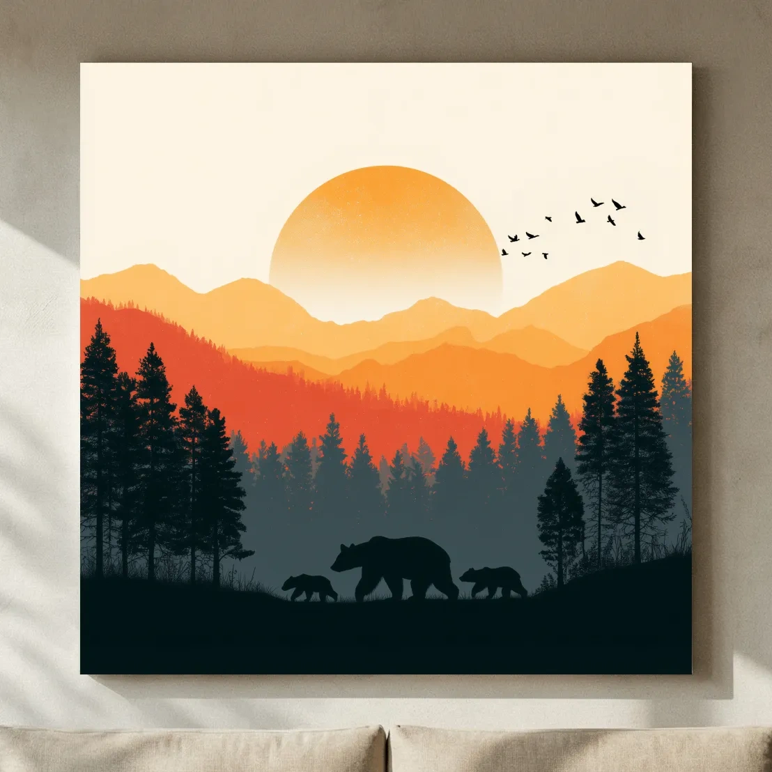 Sunset Mama Bear & Cubs Silhouette - Wildlife Forest Landscape Wall Art