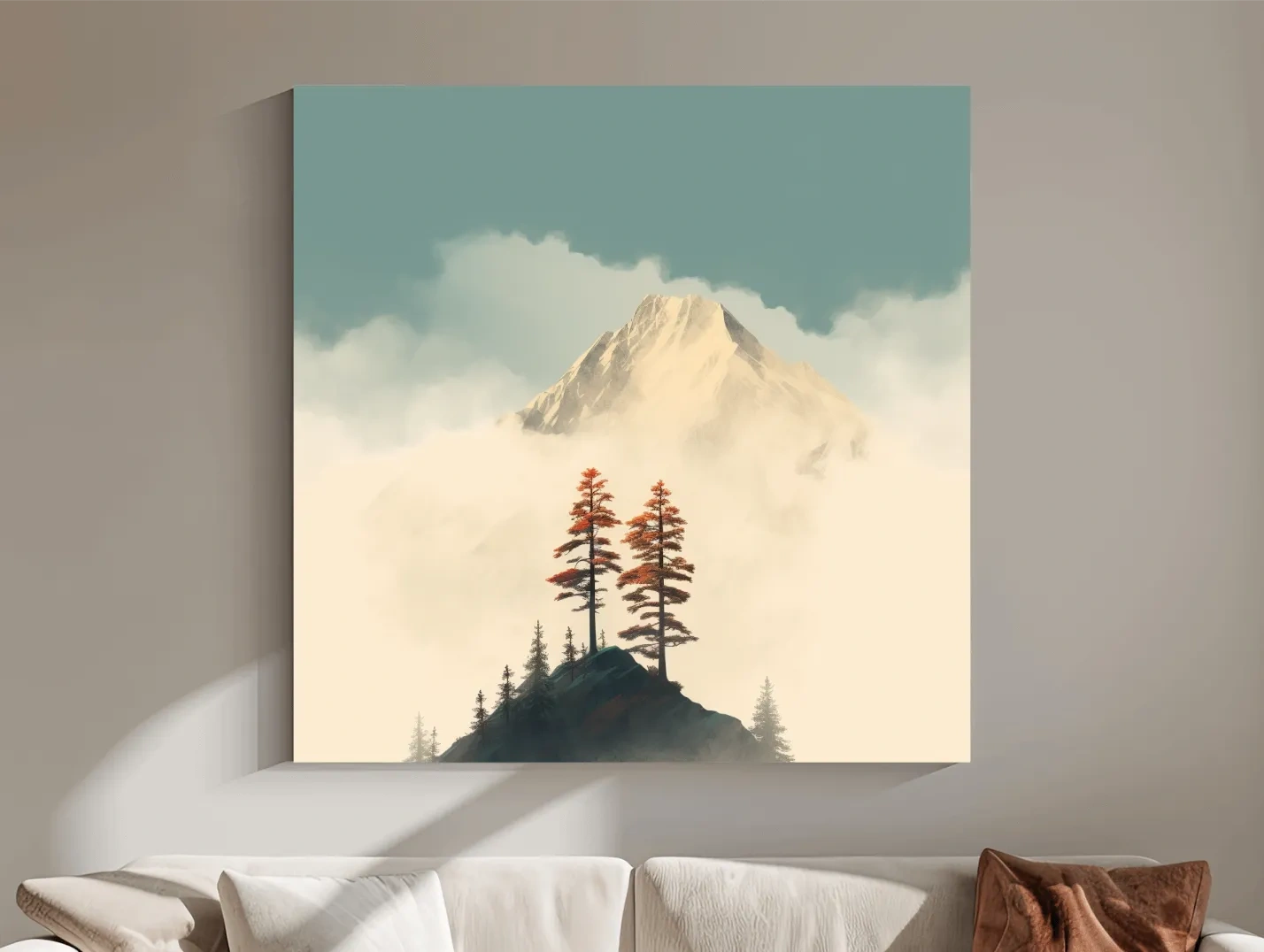 Misty Alpine Peak With Autumn Pines - Minimalist Mountain Artwork