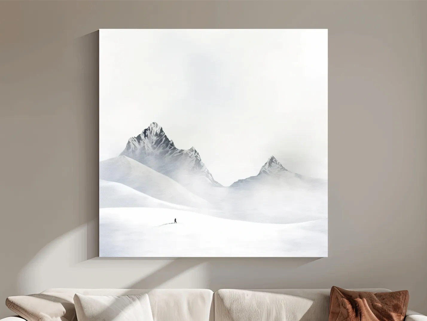 Minimalist Snowy Mountain Landscape Painting - Monochrome Winter Wilderness Wall Art