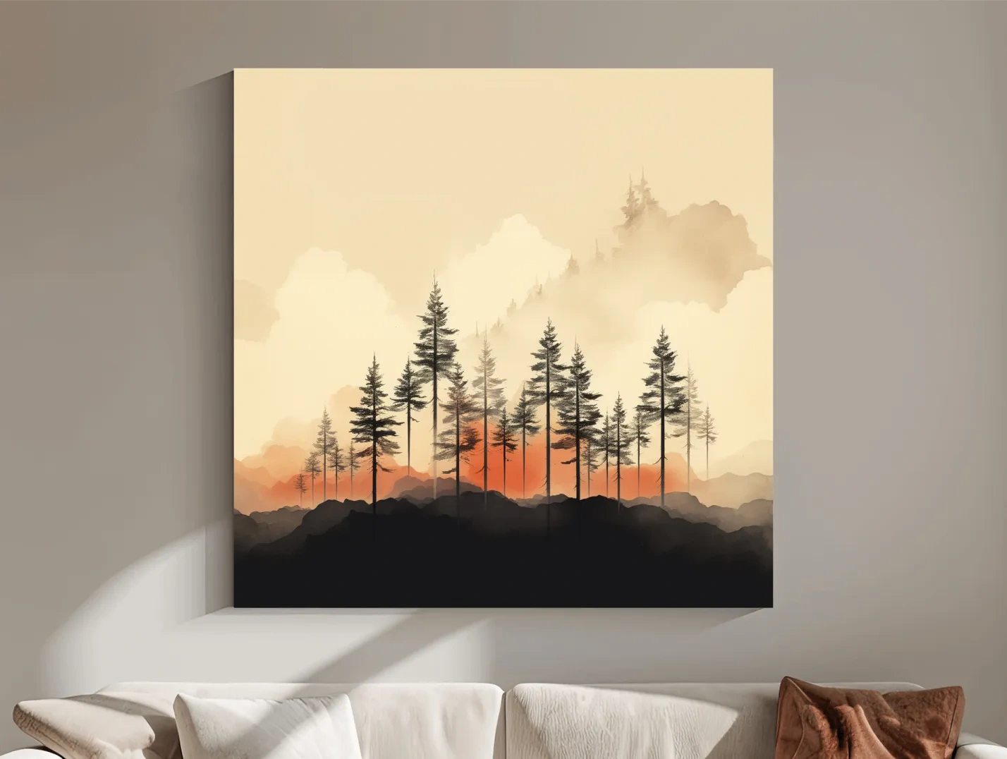 Misty Pine Forest Silhouettes At Sunrise - Minimalist Watercolor Mountain Wall Art