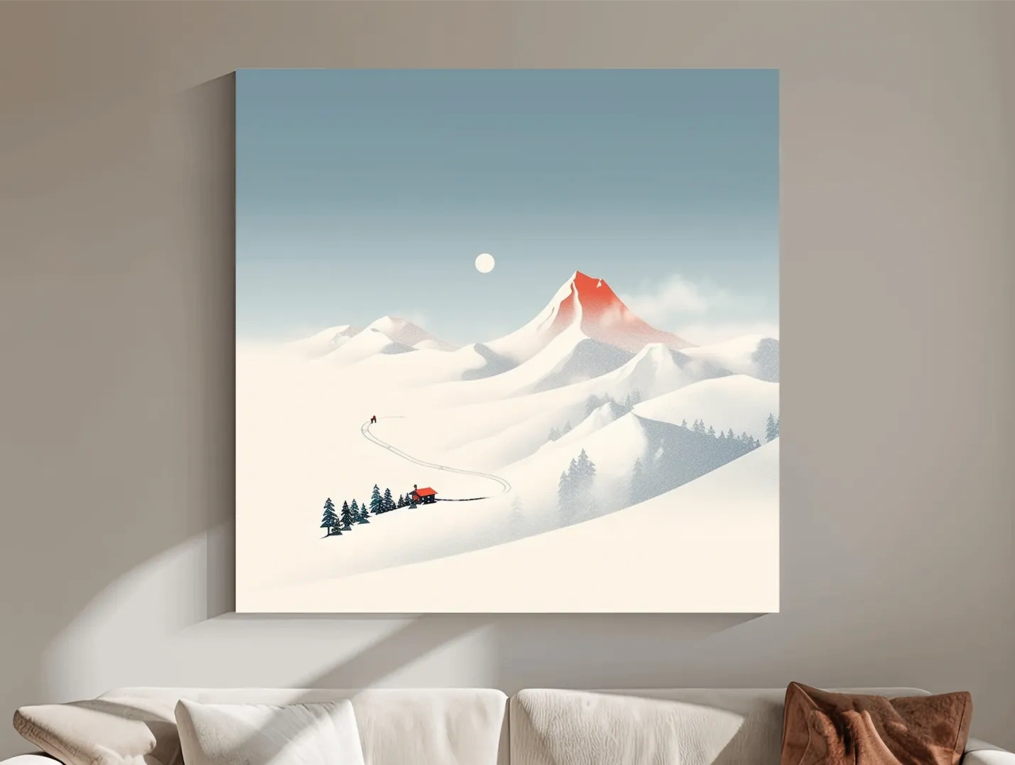 Minimalist Snowy Mountain Cabin Landscape - Nordic Winter Wall Art