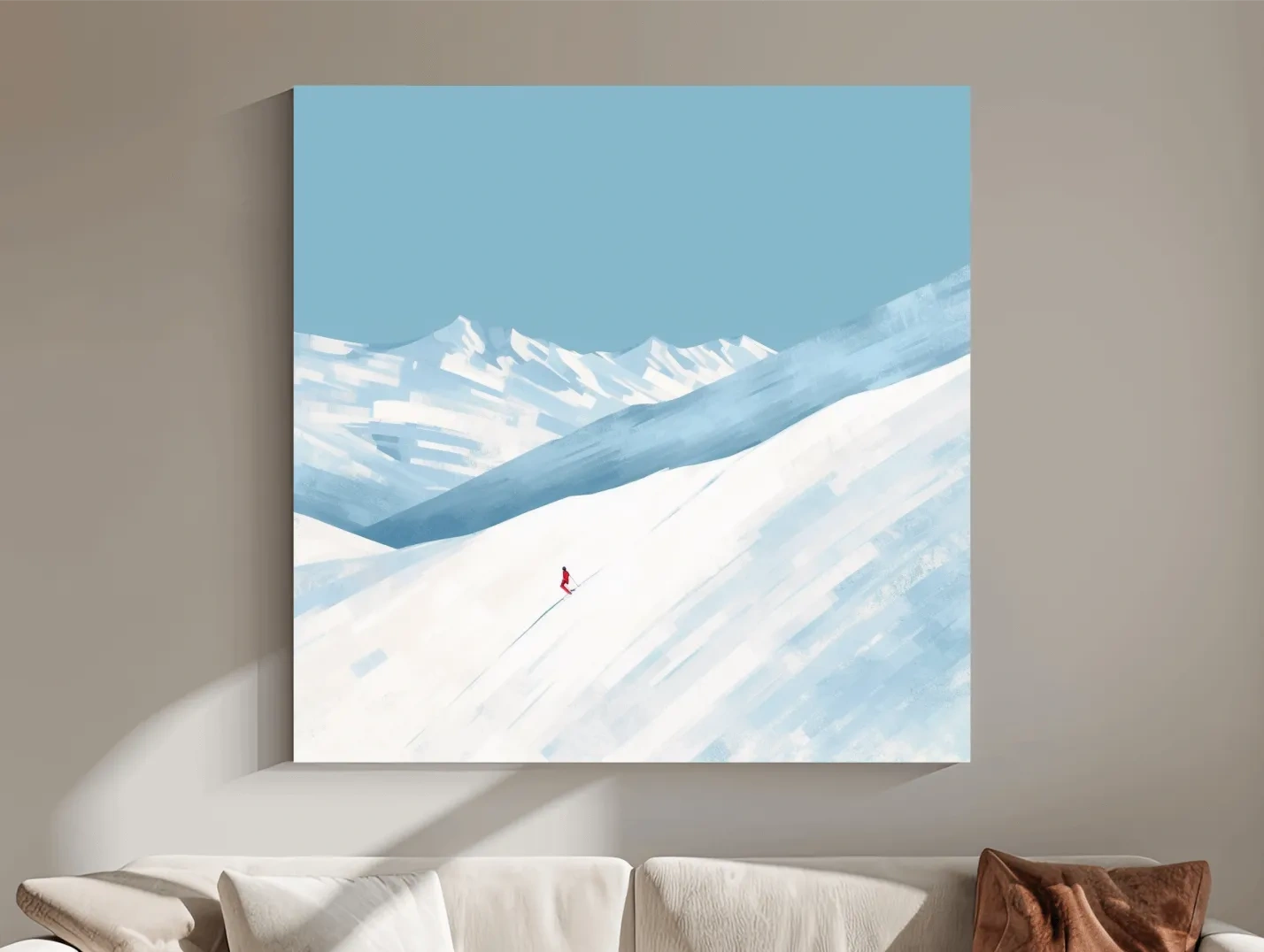 Minimalist Snowy Mountain Skier Painting - Alpine Winter Wall Art