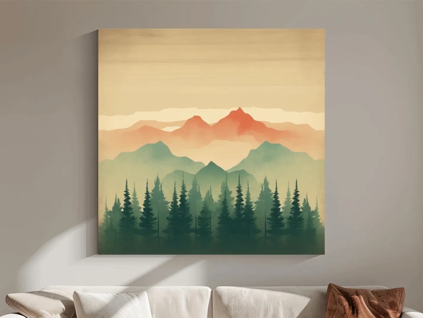 Misty Watercolor Mountain Range Sunrise - Pine Forest Landscape Artwork
