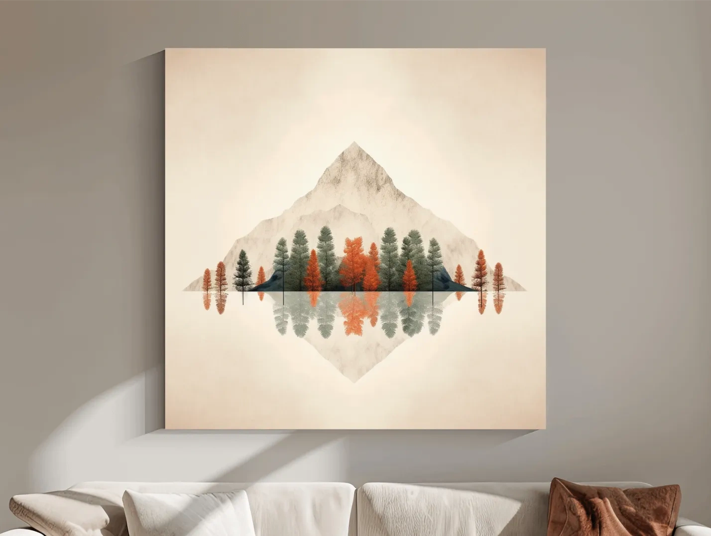 Minimalist Minimal Mountain Lake Reflection Painting - Autumn Pine Forest Artwork