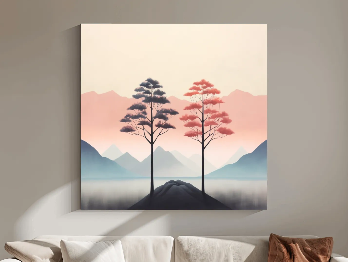 Minimalist Twin Pine Trees Landscape - Serene Pastel Mountain Lake Wall Art