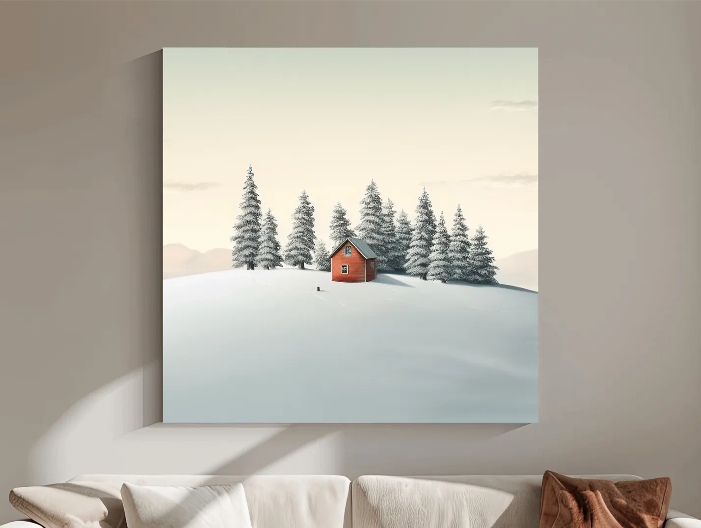 Minimalist Snowy Cabin In Pine Forest - Serene Winter Landscape Wall Art