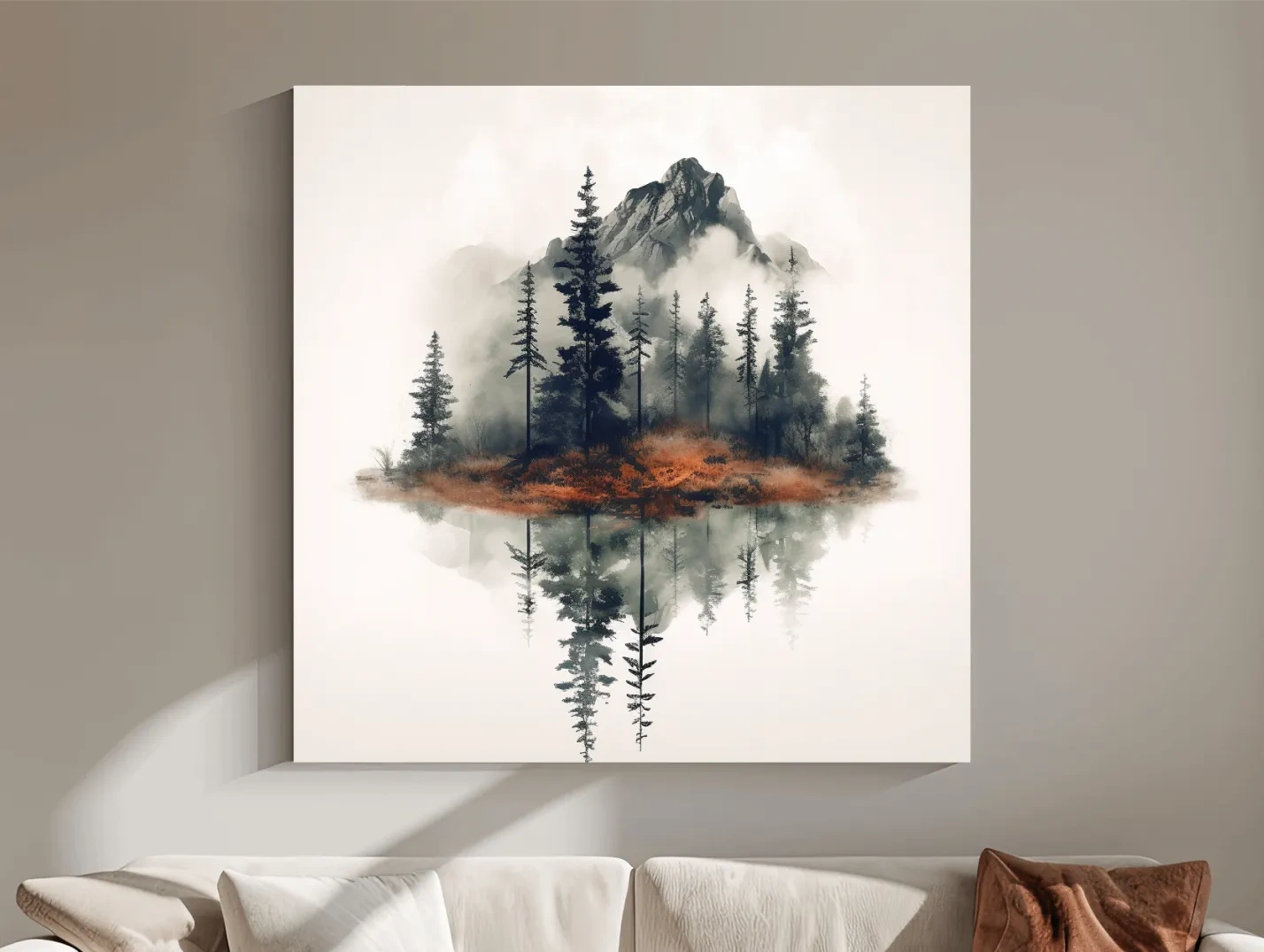 Minimalist Mountain Lake Reflection Watercolor - Moody Pine Forest Landscape Wall Art