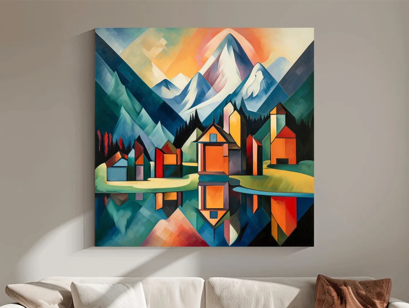 Colorful Geometric Alpine Village Lake Painting - Modern Abstract Mountain Wall Art