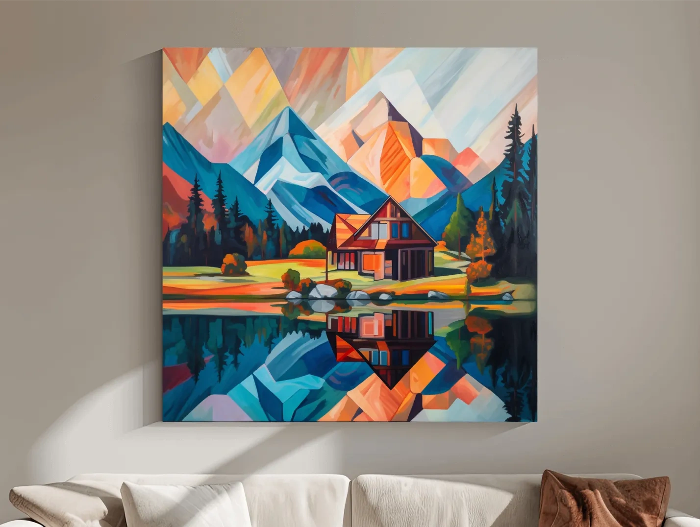Vibrant Geometric Mountain Cabin Lake Reflection - Abstract Sunrise Wall Art