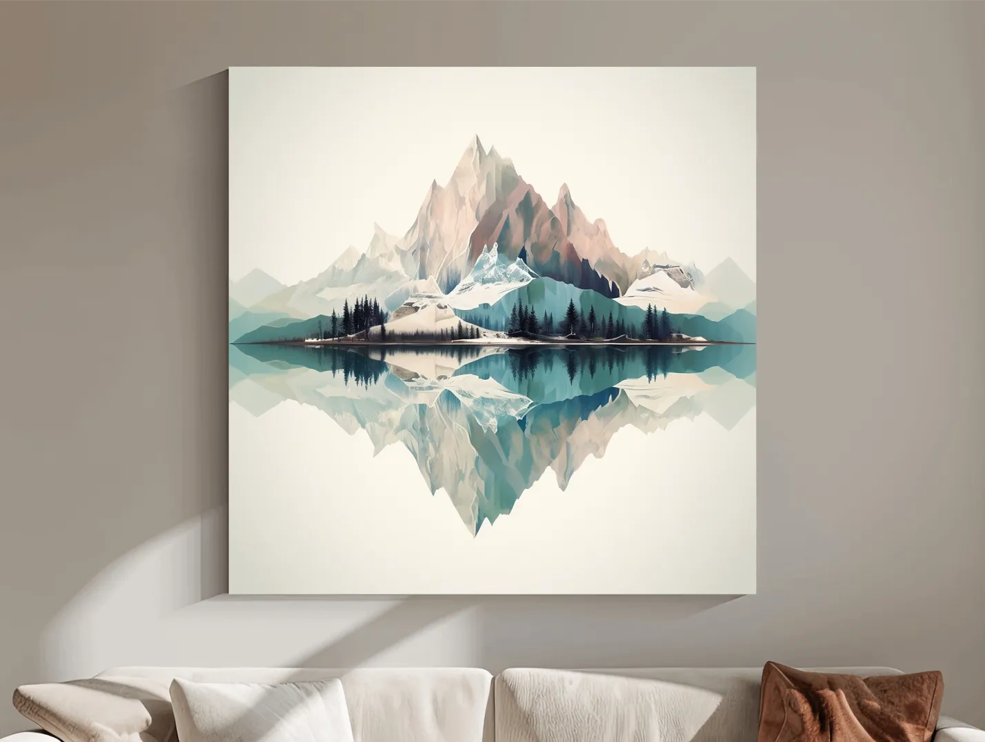 Minimalist Alpine Mountain Lake Reflection - Serene Pastel Watercolour Wall Art