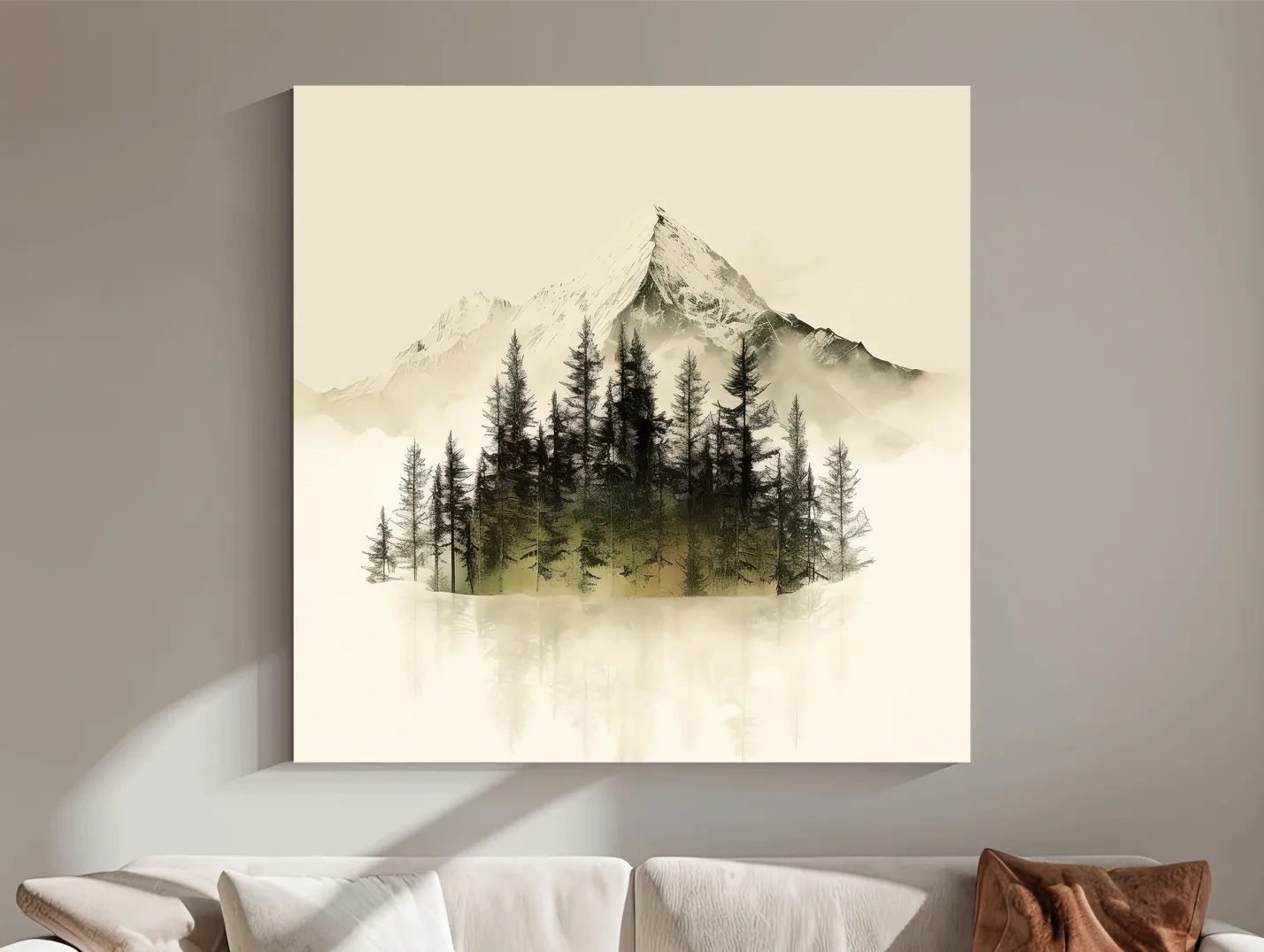 Misty Alpine Mountain Pine Forest Artwork - Minimalist Landscape Wall Art