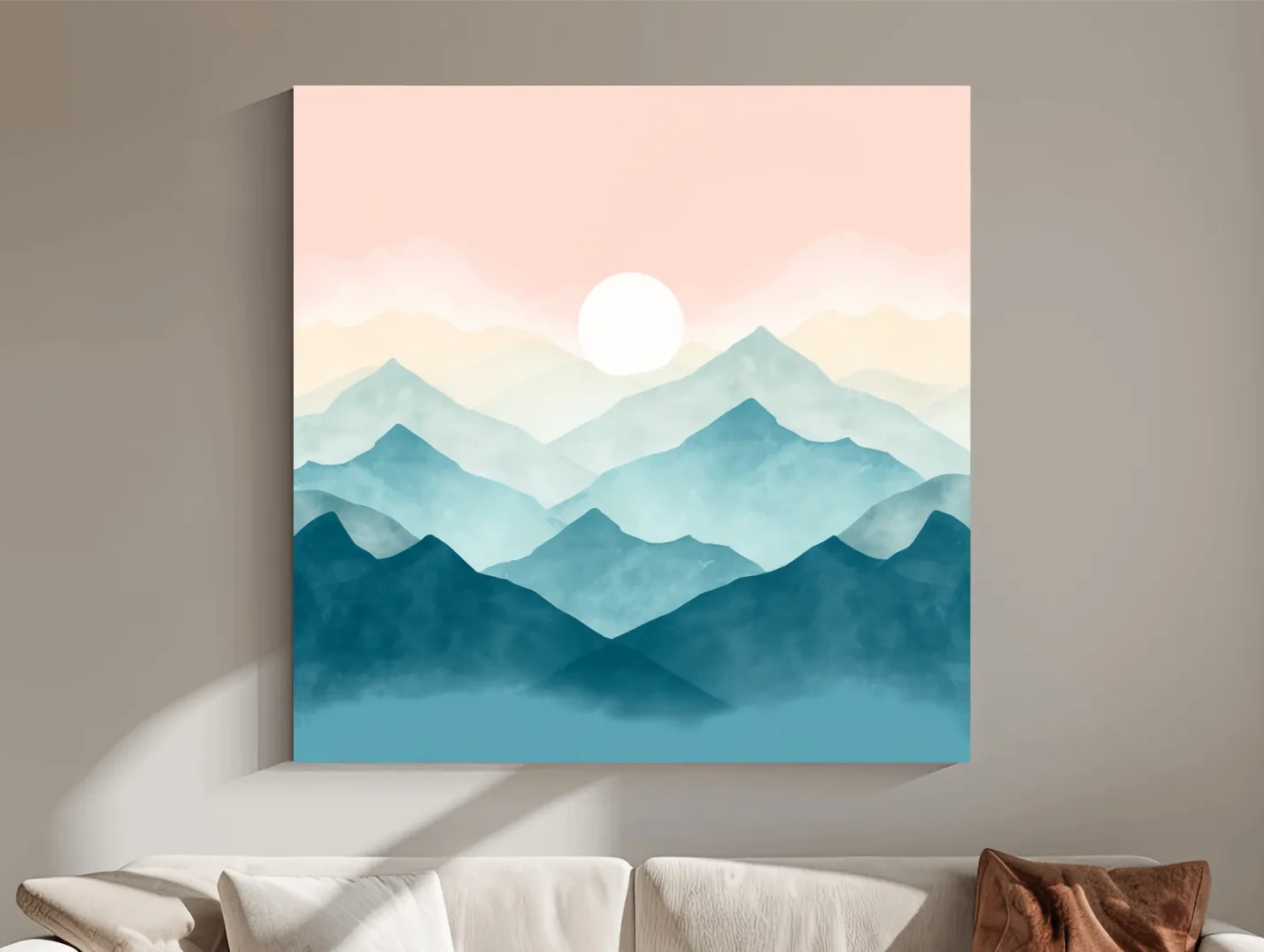 Minimalist Watercolor Misty Mountain Sunrise - Pastel Alpine Landscape Wall Art