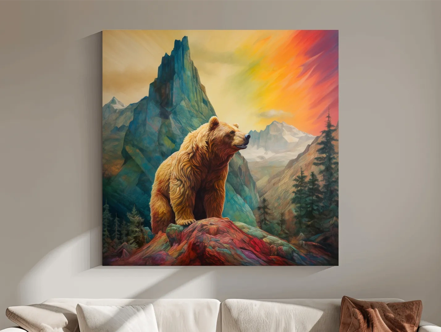 Majestic Grizzly Bear Mountain Landscape - Vibrant Painting Style Wildlife Wall Art