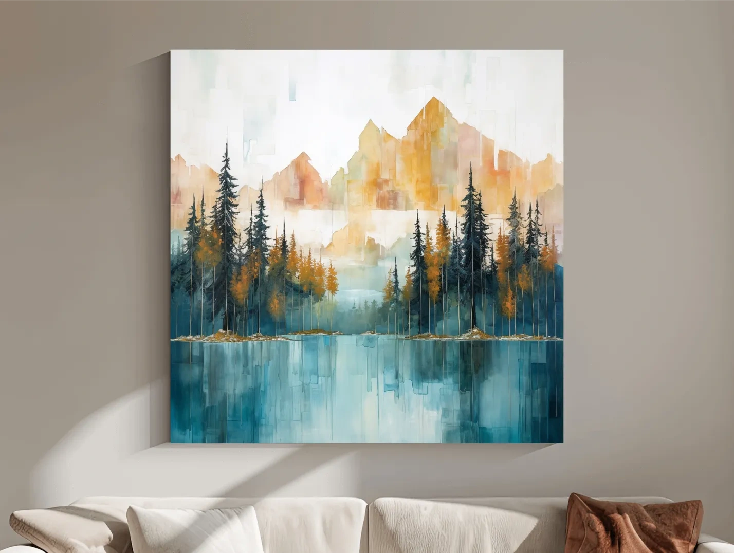 Abstract Watercolor Alpine Lake Reflection - Misty Mountain Forest Wall Art