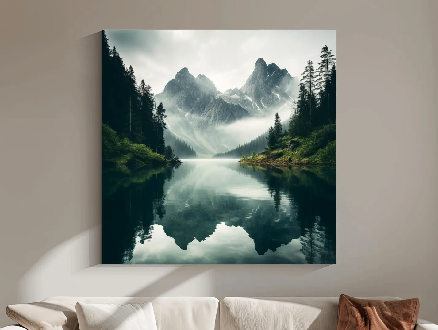 Misty Alpine Mountain Lake Reflection - Moody Pine Forest Photographic Wall Art