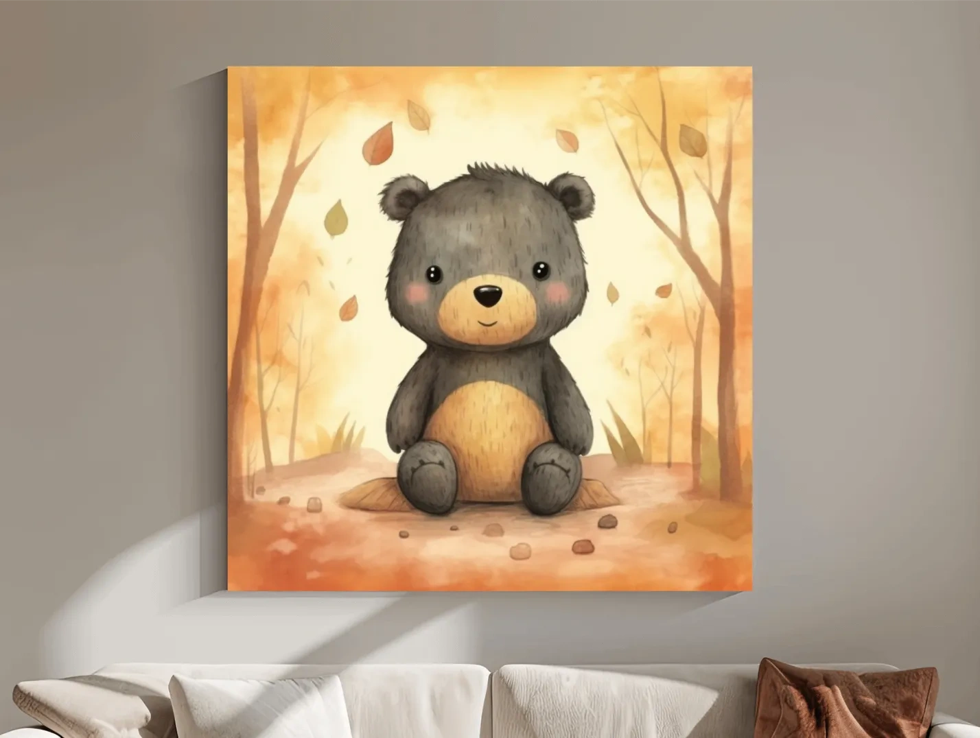 Cute Watercolor Teddy Bear Forest Illustration - Whimsical Nursery Wall Art