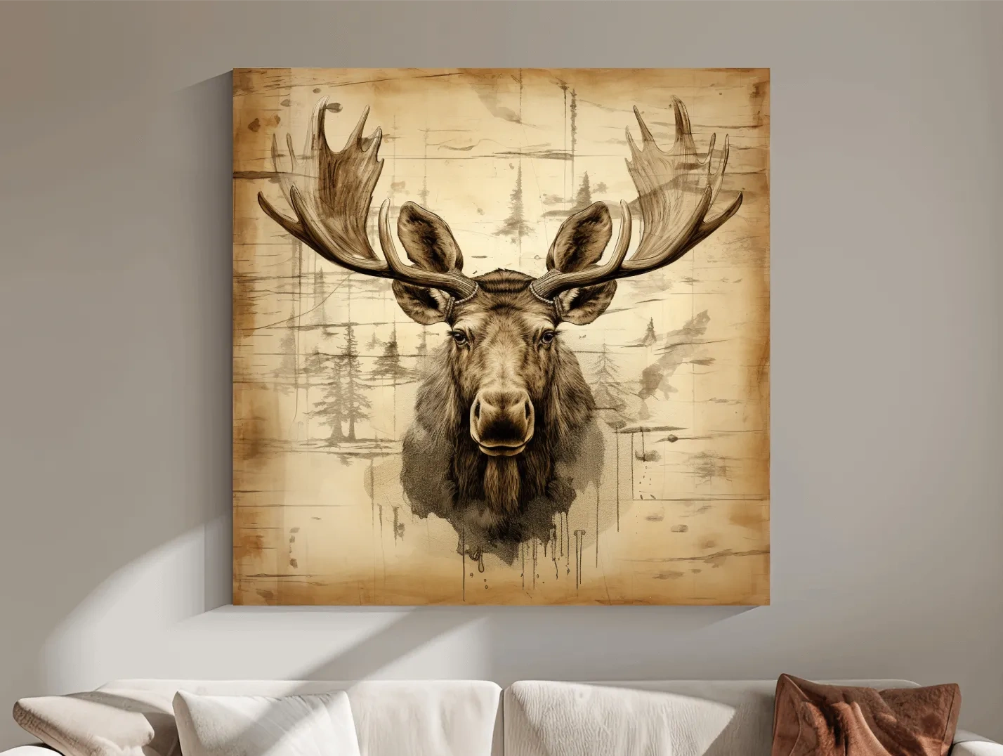 Rustic Sepia Moose Portrait Sketch - Vintage Lodge Wildlife Wall Art
