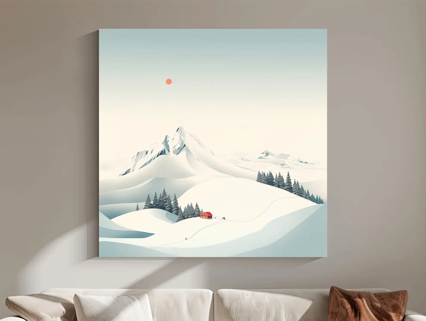 Minimalist Snowy Mountain Cabin Landscape - Winter Wall Art