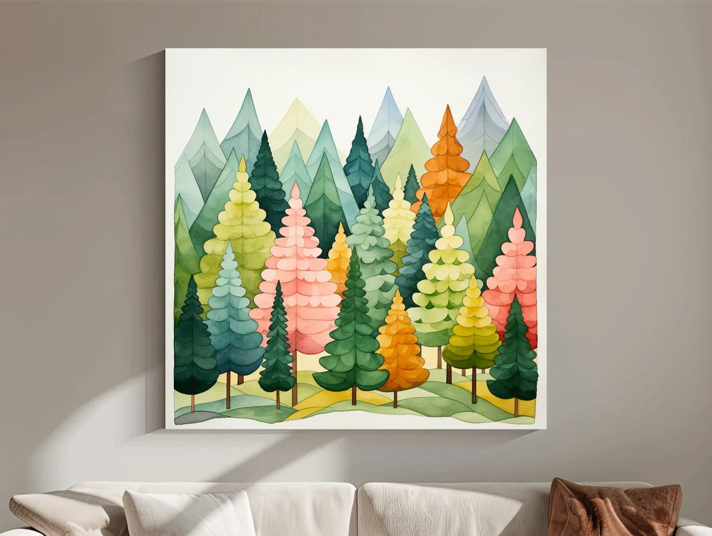 Whimsical Watercolor Pine Forest Mountains - Pastel Nursery Childrens Wall Art