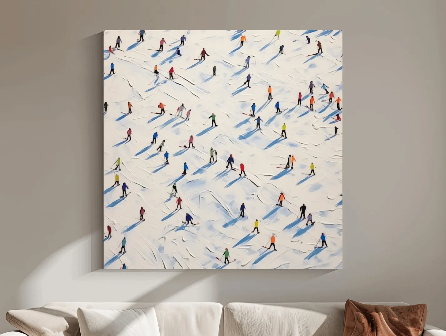 Tiny Skiers On Snowy Slopes - Modern Winter Sports Painting Wall Art