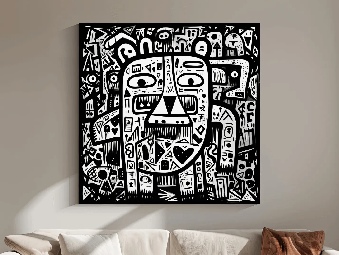 Abstract Black And White Graffiti Bear Doodle Art - Bold Geometric Animal Wall Art