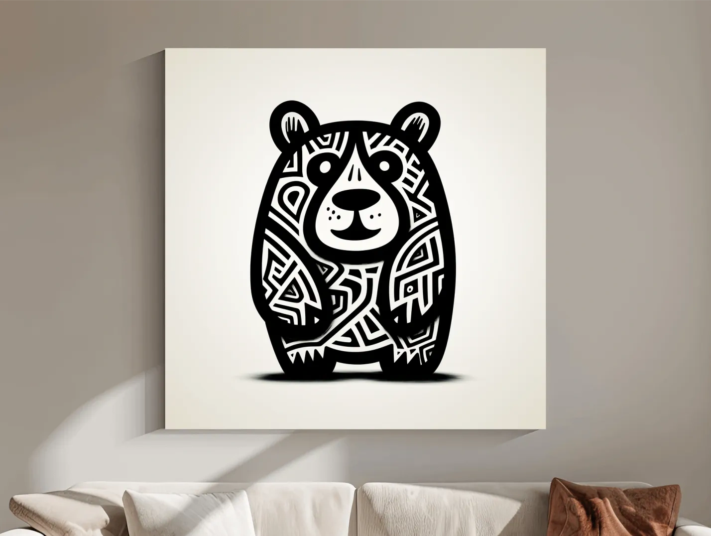 Tribal Cartoon Bear Illustration - Minimalist Black And White Wildlife Wall Art