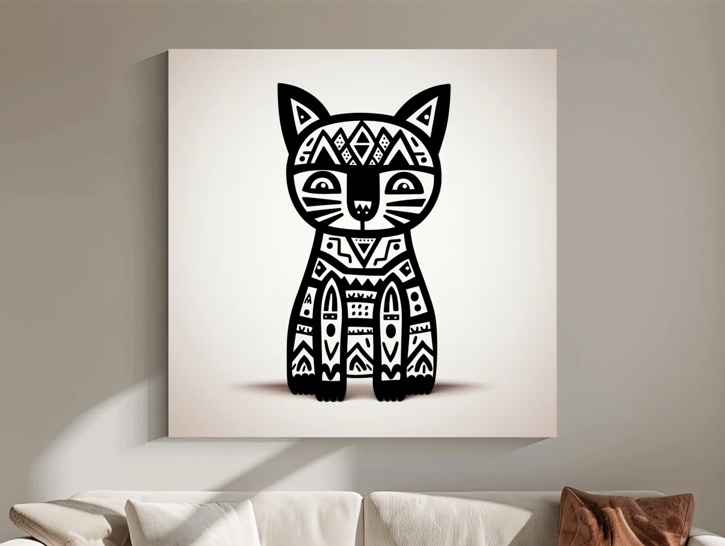 Tribal Geometric Cat Illustration - Black And White Quirky Animal Wall Art