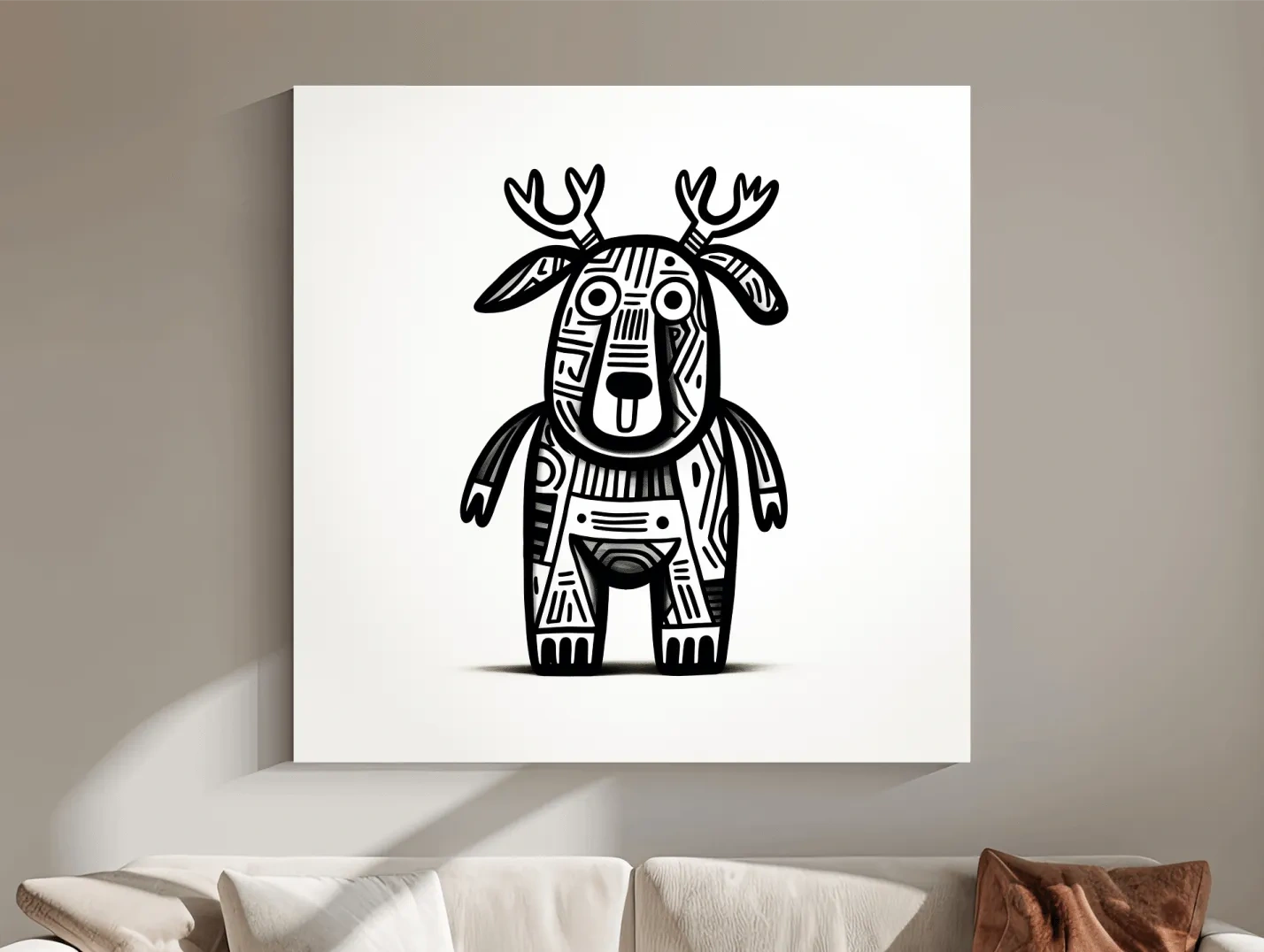 Whimsical Tribal Deer Illustration - Quirky Black And White Animal Wall Art
