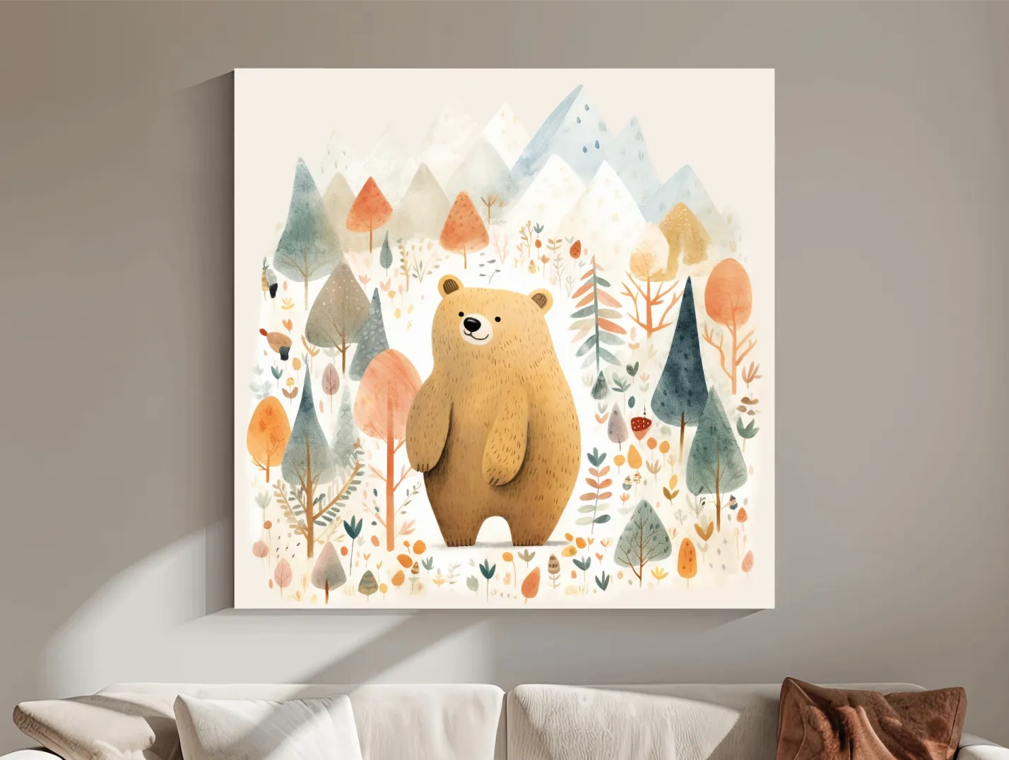 Cute Watercolor Bear In Mountain Forest - Whimsical Nursery Wall Art