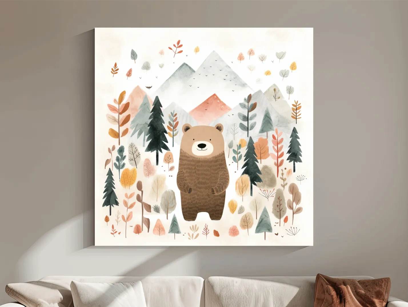 Cute Watercolor Bear Bear In Forest - Whimsical Mountain Nursery Wall Art