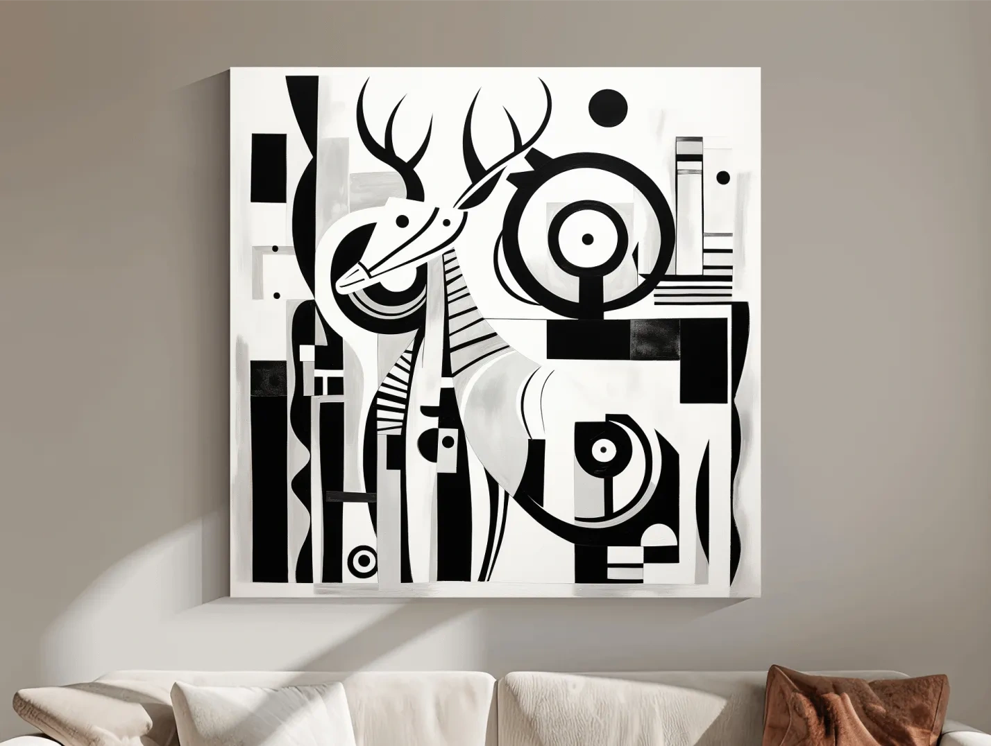 Abstract Geometric Deer Artwork - Mid-Century Black And White Animal Wall Art