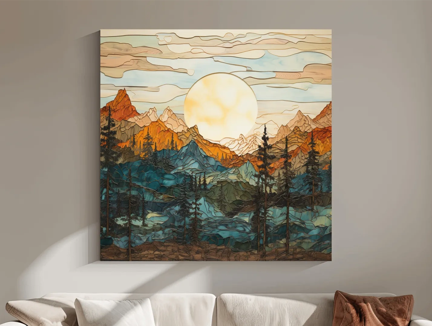 Sunset over the alpine forest mountain art, leadlight stained glass style