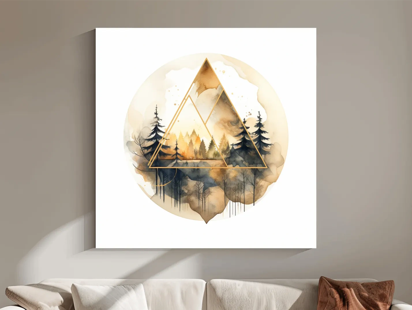 Geometric Watercolor Mountain Forest Landscape - Modern Rustic Nature Wall Art