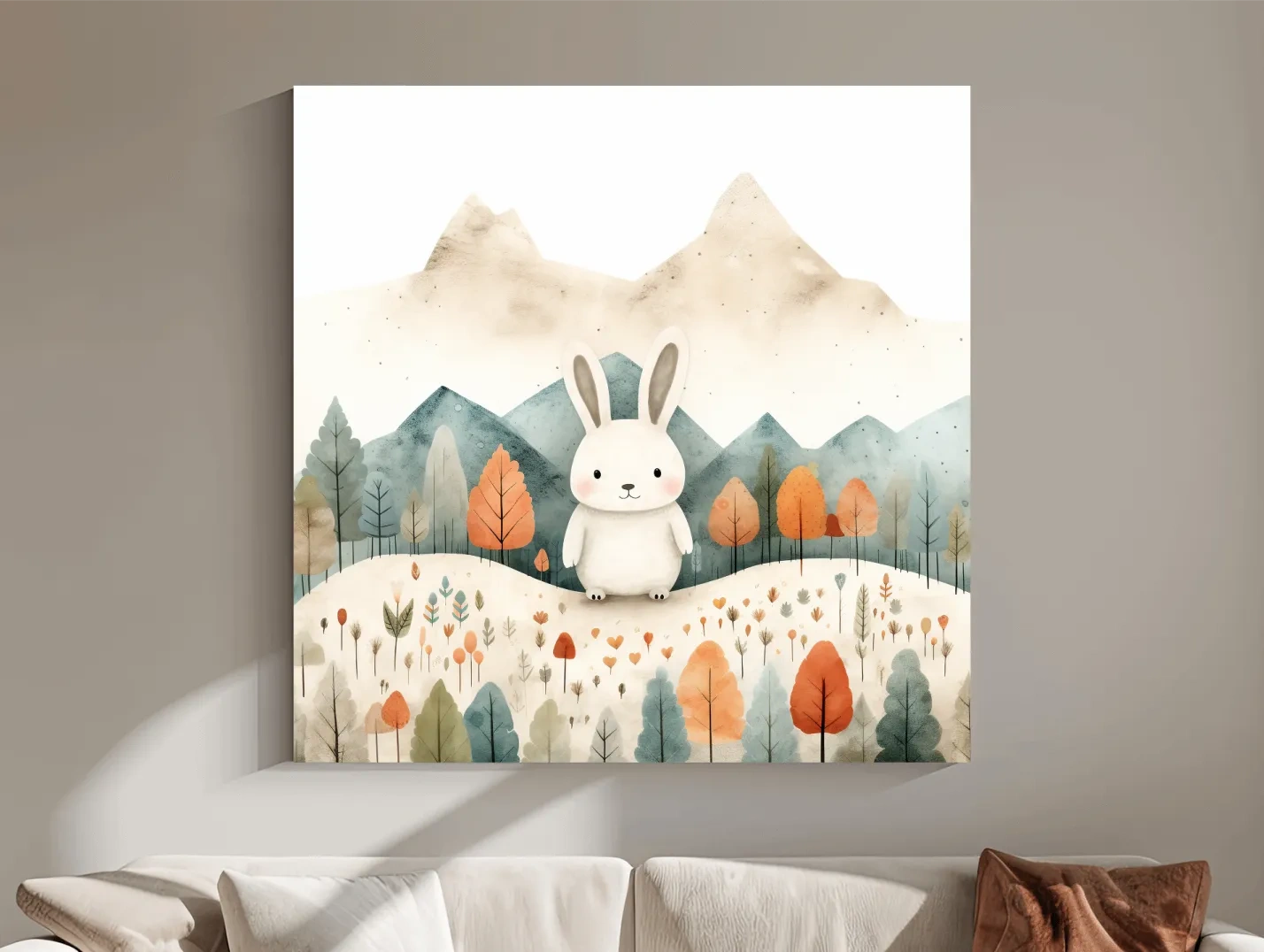 Cute Watercolor Bunny In Mountain Forest - Whimsical Nursery Woodland Wall Art