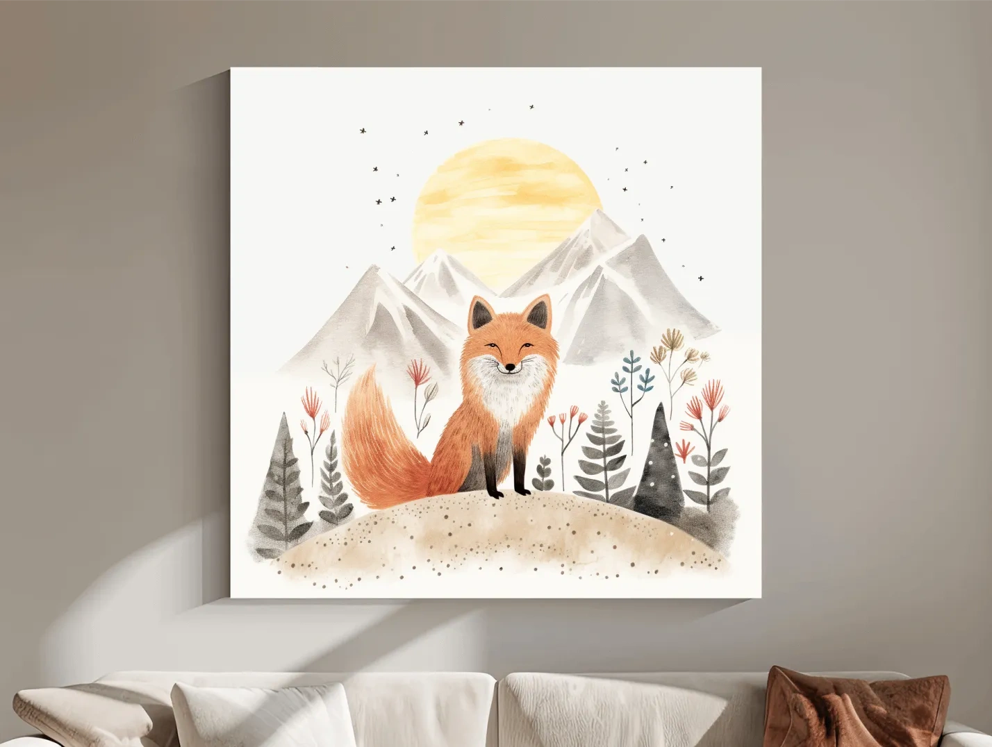 Whimsical Watercolor Fox Mountain Sunrise - Nursery Woodland Animal Wall Art