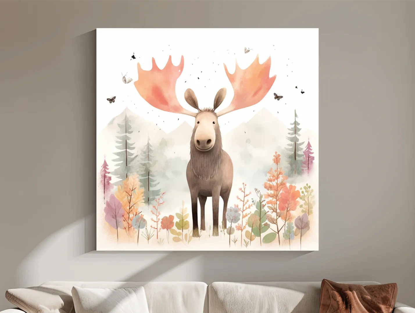 Whimsical Watercolor Moose In Pastel Forest - Storybook Nursery Animal Wall Art